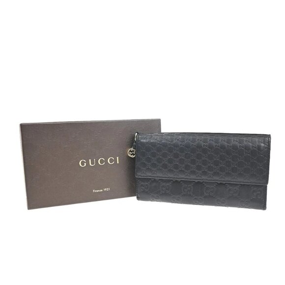GUCCI Micro Guccissima GG Pattern Long Bifold Wallet Leather Black Gold 32EF007